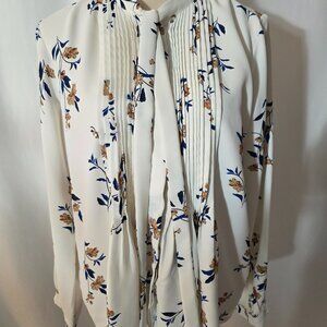 Ann Taylor Ivory Floral Navy Blue w/ Tan Size M    T563